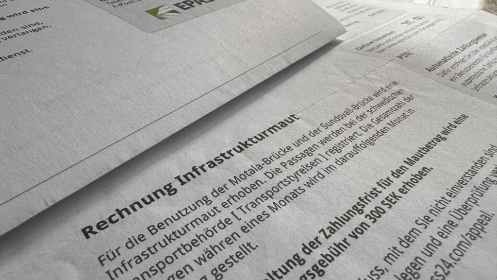 Per Post zugestellte Rechnung über eine schwedische Infrastrukturabgabe